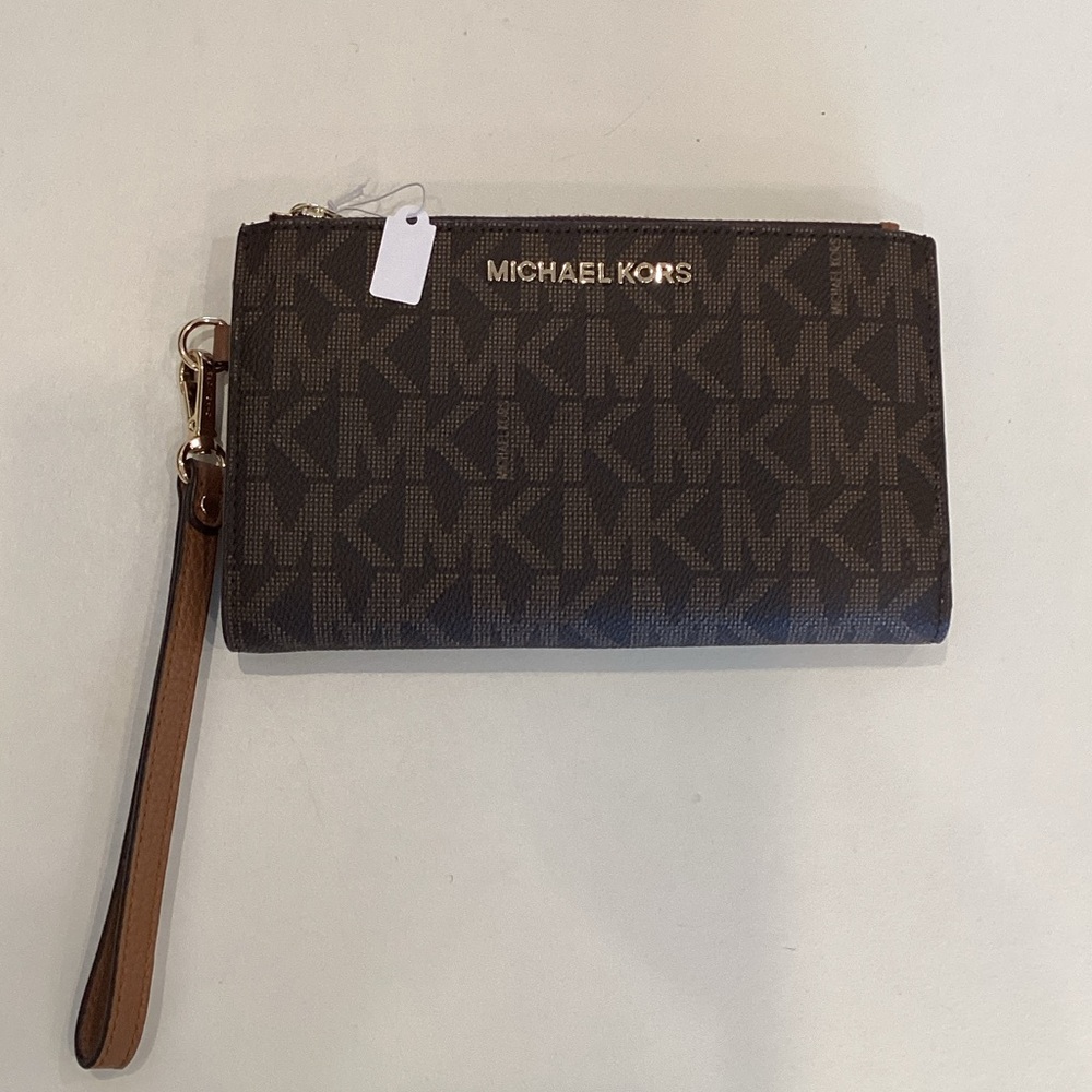 Michael Kors Brown MK Logo Wristlet with Tan Strap